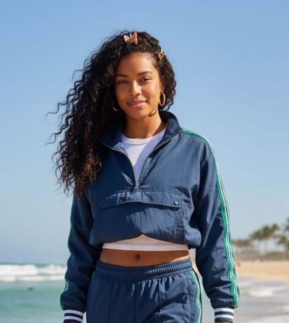 Free People Vintage Style Windbreaker Pullover Navy Blue Green Striped M Y2K